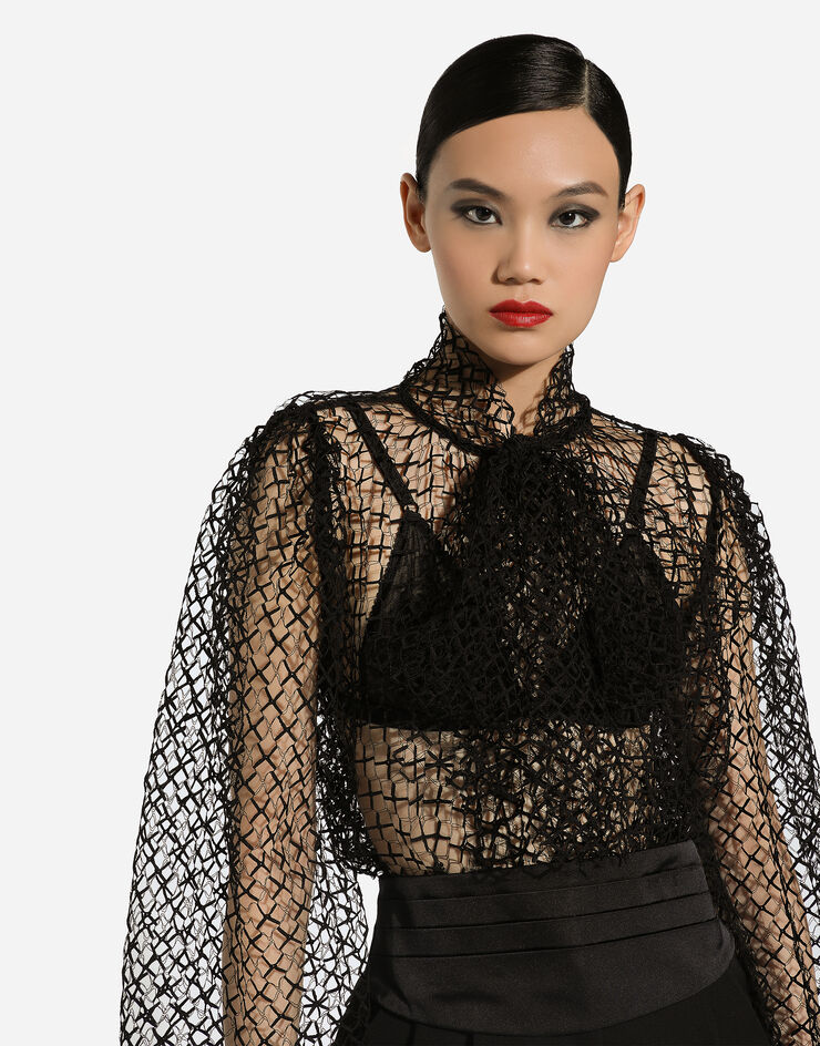 Dolce & Gabbana Blouse en mesh avec nœud sur le col Noir F7AI6TILMBE
