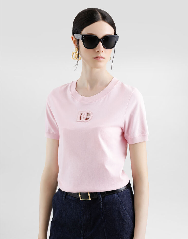 Dolce & Gabbana Camiseta de punto con logotipo DG bordado en relieve Pink F8N08ZGDCX1