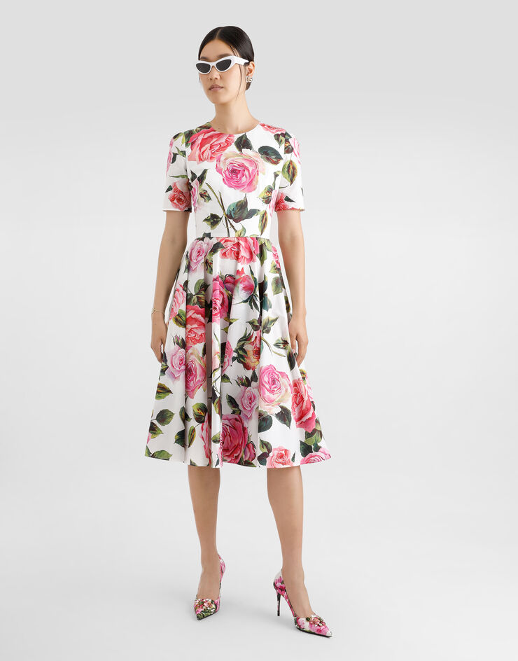 Dolce & Gabbana Vestido longuette babydoll de algodón con estampado de rosas Imprima F6F4STHS5S4