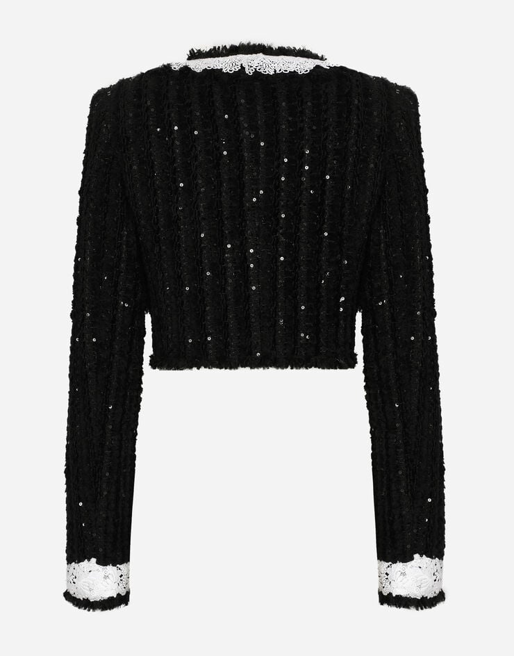 Dolce & Gabbana Short tweed jacket with micro-sequin embellishment Black F27AHTHUMKN