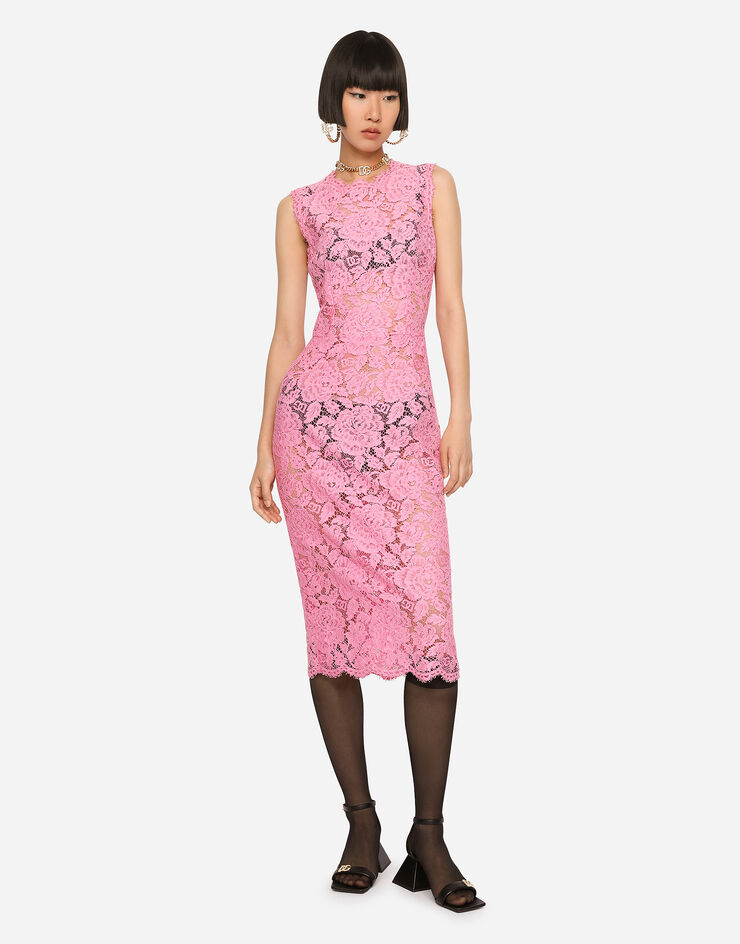 Dolce & Gabbana Vestido longuette de encaje elástico con logotipo Rosa F6H0ZTFLRE1
