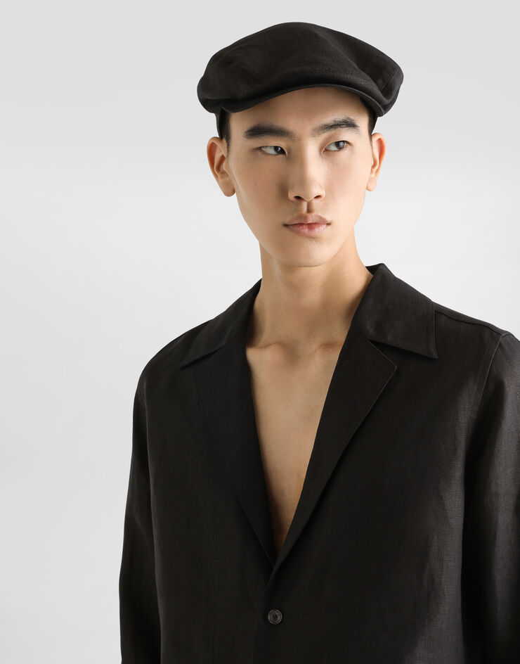 Dolce & Gabbana Long-sleeved V-neck shirt in linen fabric Black G5MX5TFU4MC