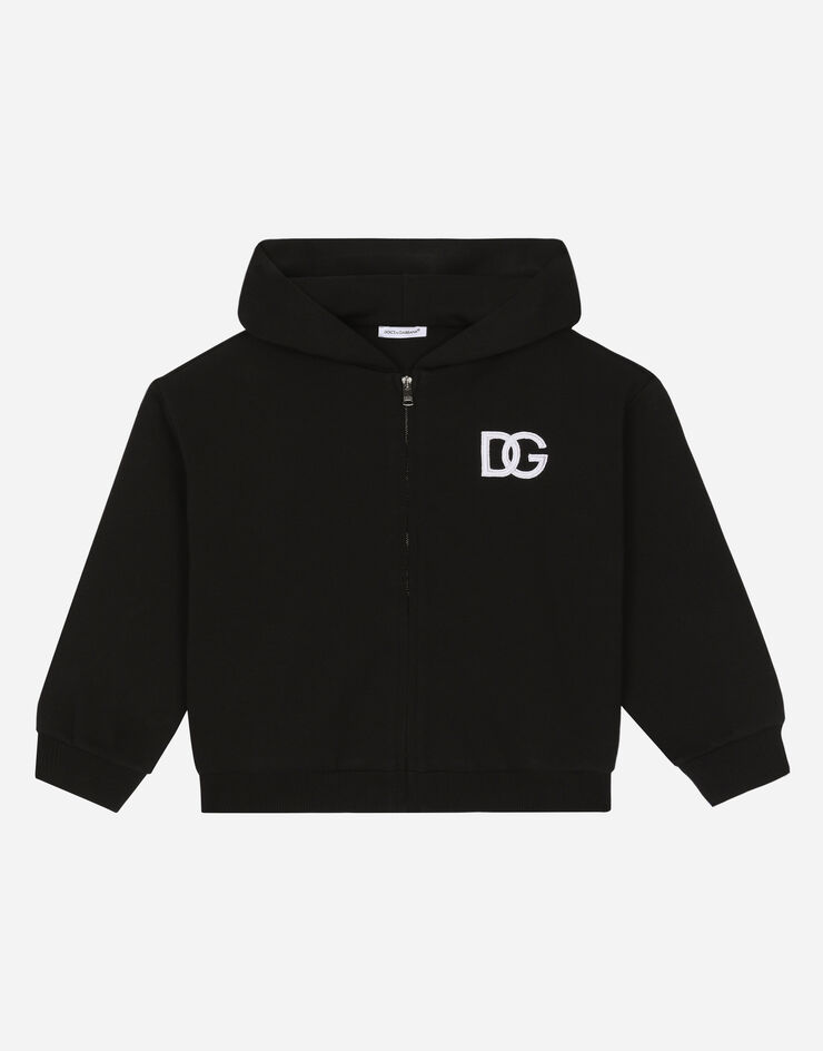 Dolce & Gabbana Sweat-shirt zippé en jersey avec capuche et écusson logo DG Noir L5JW8RG7I0I