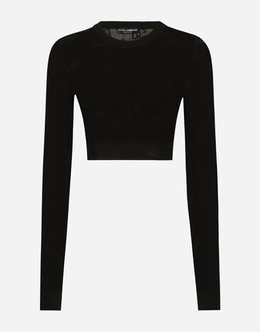 Dolce & Gabbana Kurzpullover im Netzmuster aus Viskose DG-Jacquardlogo Schwarz FXX14TJFMAL