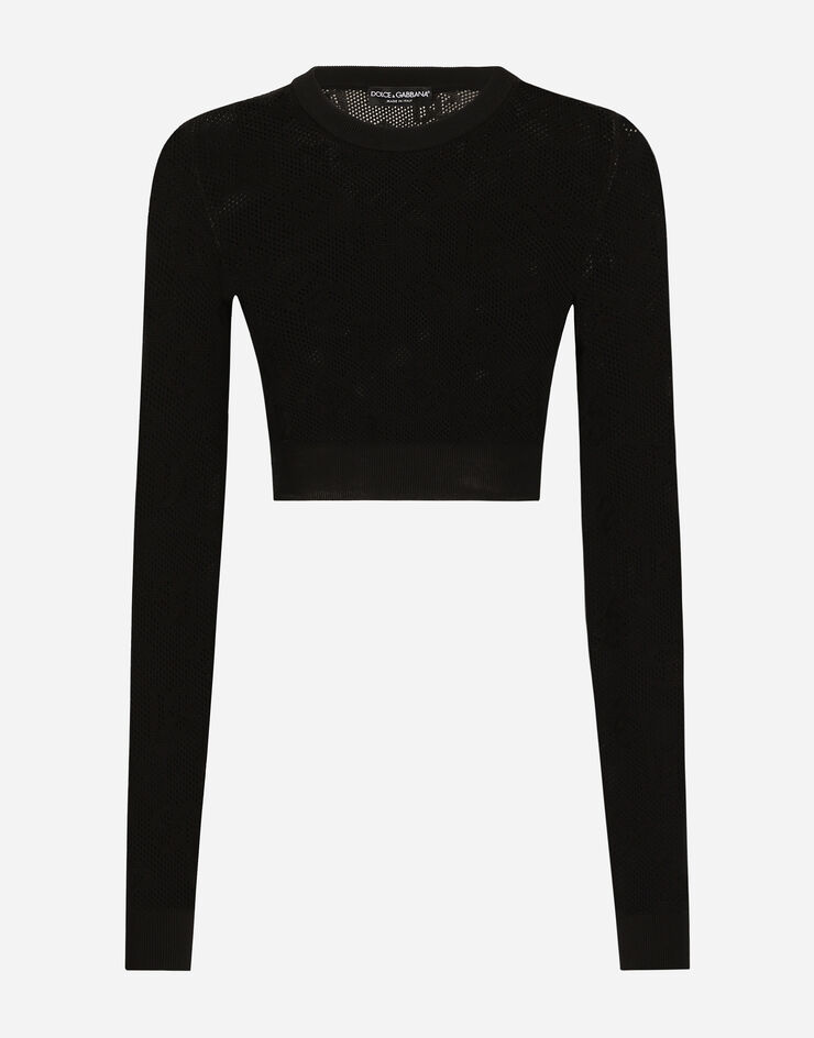 Dolce & Gabbana Cropped mesh-stitch viscose sweater with jacquard DG logo Schwarz FXX14TJFMAL