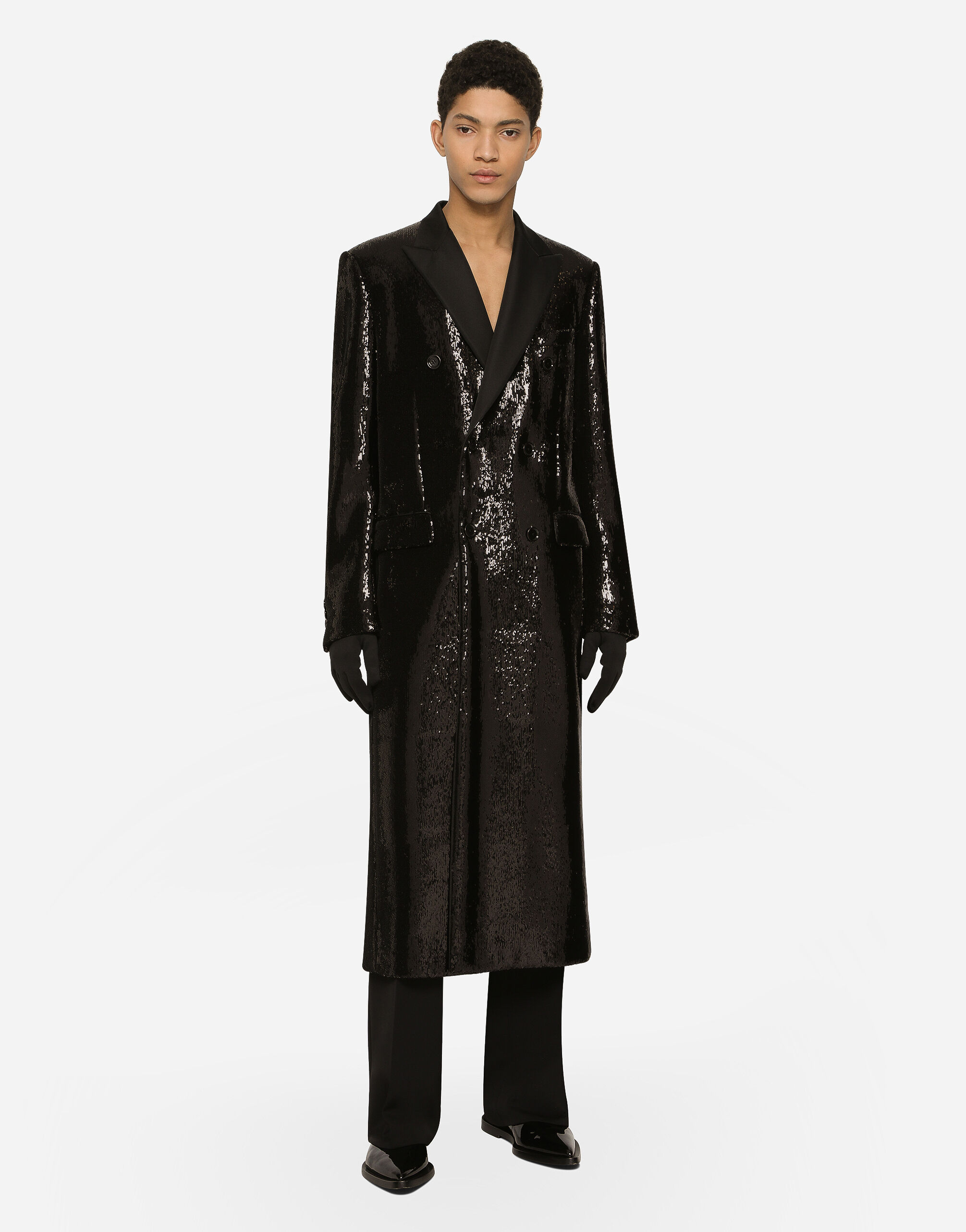 【Dolce&Gabbana】チェスターコート ロング ブラック ダブル Sequined double-breasted coat in Black for Men | Dolce&Gabbana®