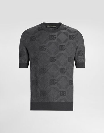 Dolce & Gabbana Silk round-neck sweater with jacquard logo Grey GXX03TJBSK7