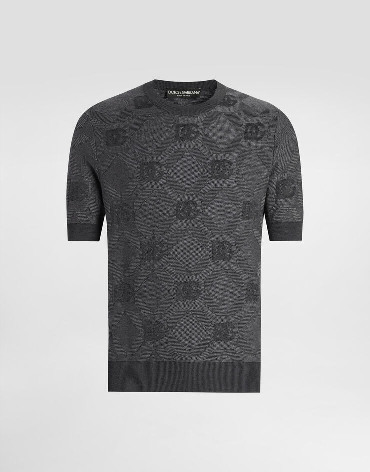 Dolce & Gabbana Silk round-neck sweater with jacquard logo Grey GXX03TJBSK7