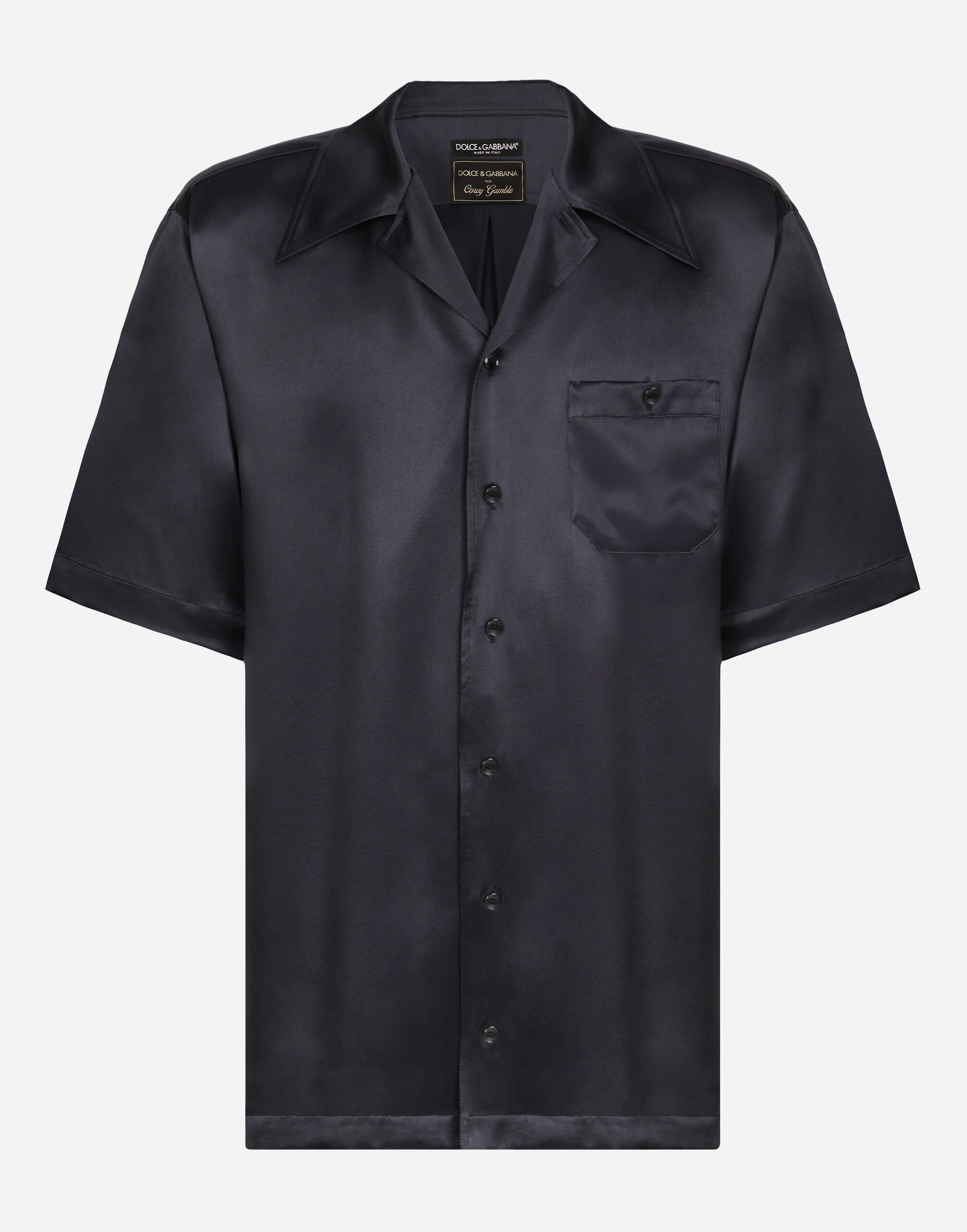 Dolce&Gabbana Silk satin Hawaiian shirt with metal DG logo Grey G5LE5TFU1AU