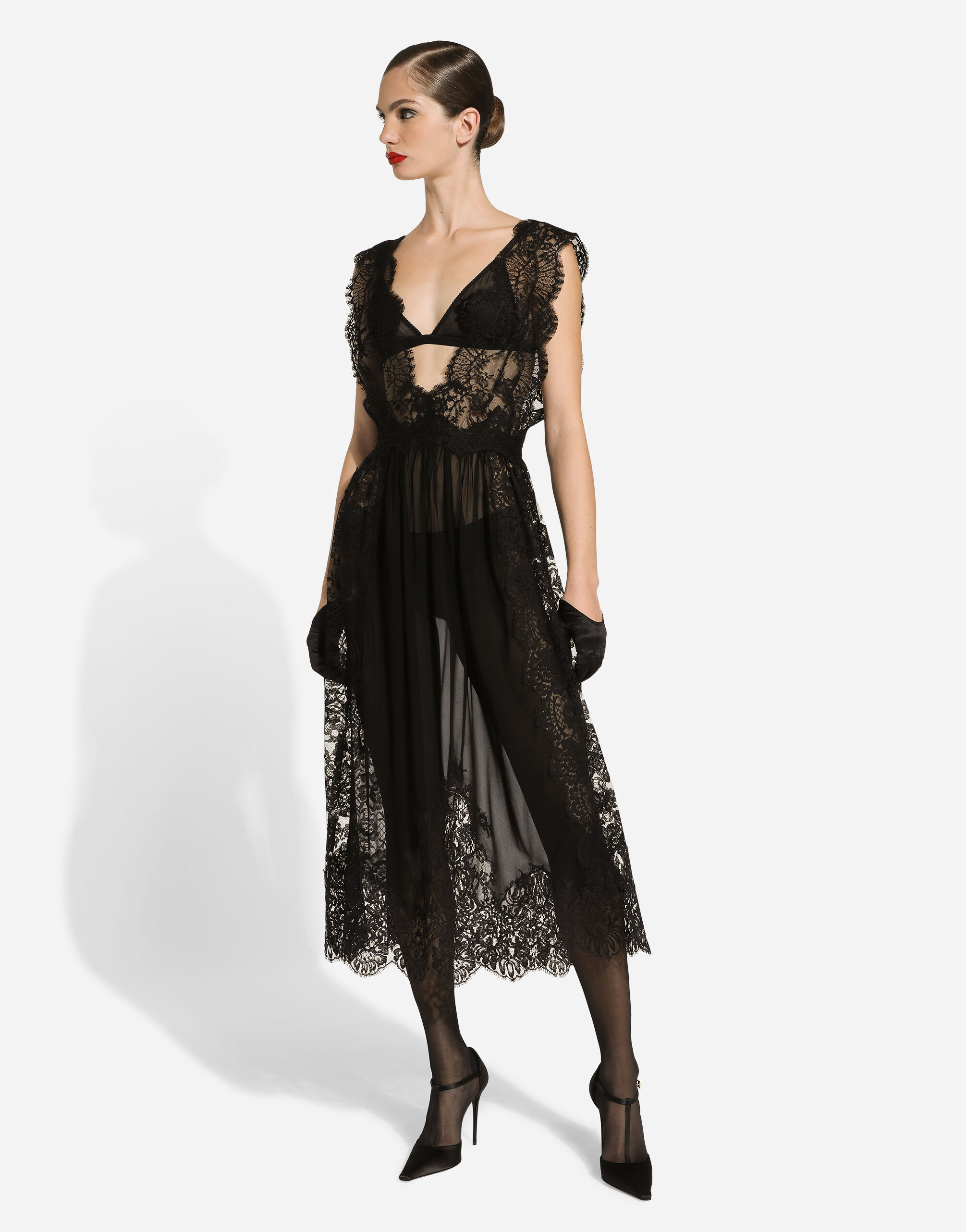 Calf-length Chantilly lace dress with organzine details in Black