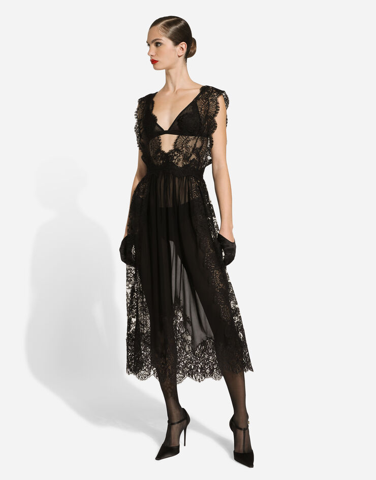 Dolce & Gabbana Vestido longuette de encaje Chantilly con detalles de organdí Negro F6JRSTGDCRO