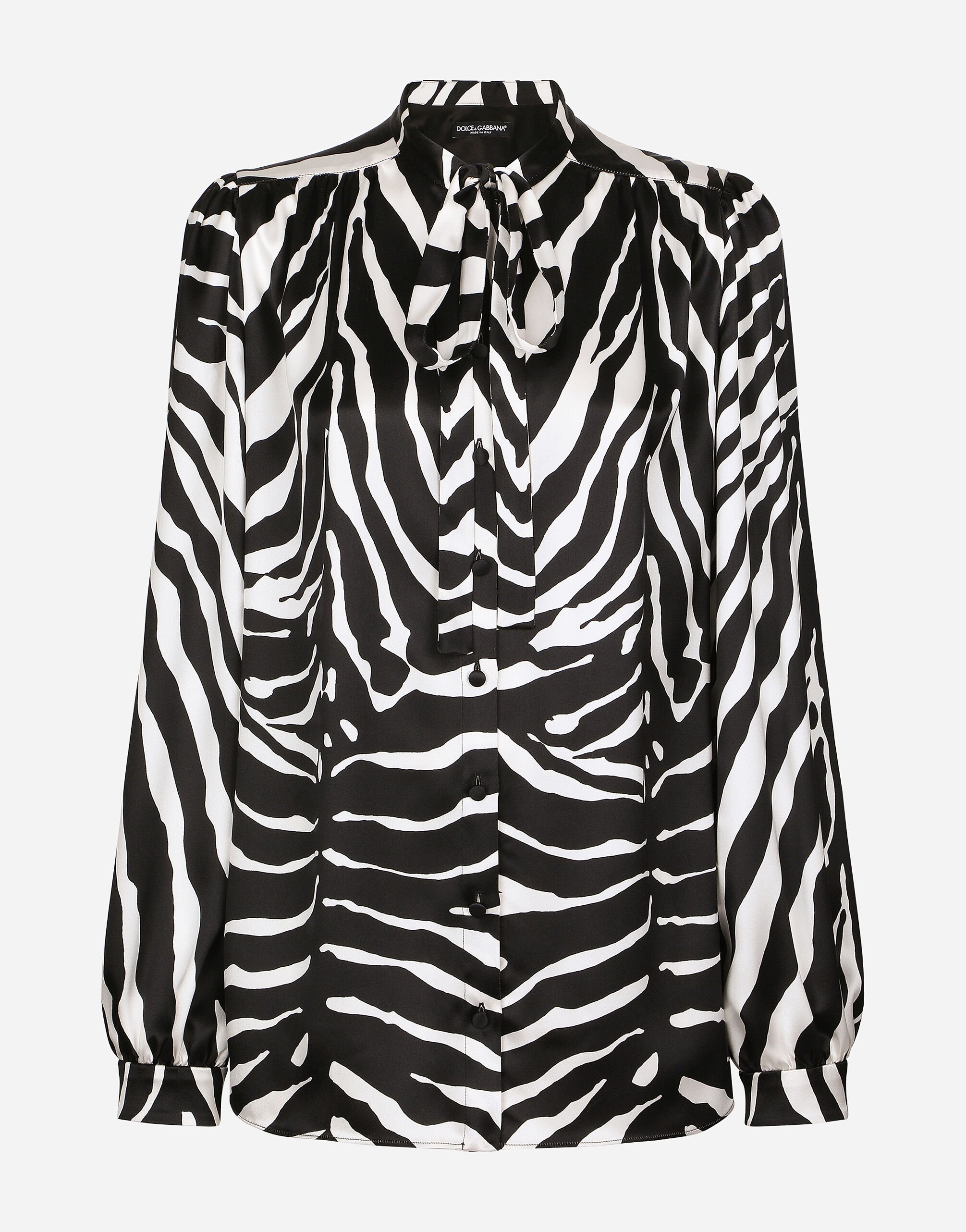 Dolce & Gabbana Camisa de raso con estampado de cebra con chalina Blanco F8T00ZG7H1Z