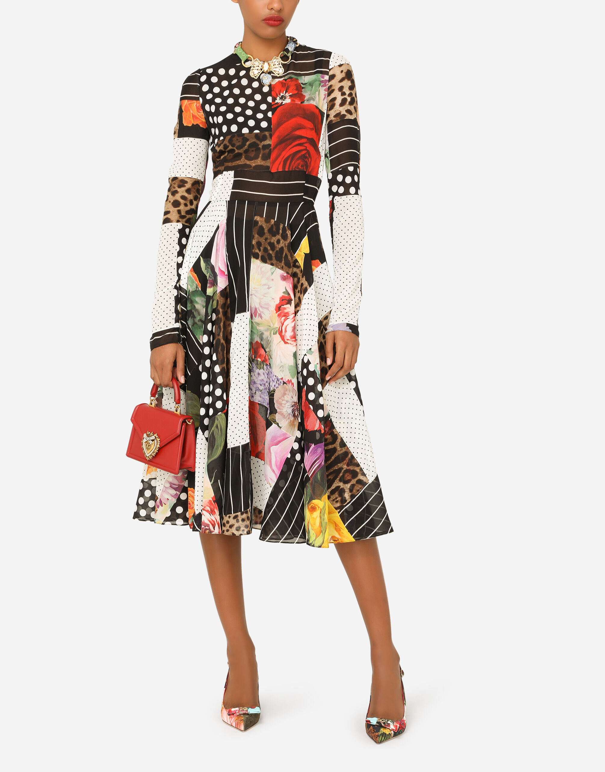 Patchwork chiffon and georgette calf-length dress