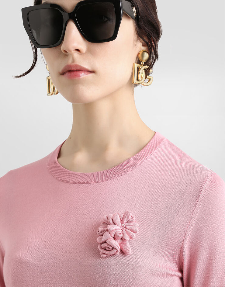 Dolce & Gabbana Maglia maniche lunghe in seta con decoro fiore Rosa FXX12ZJBSKY