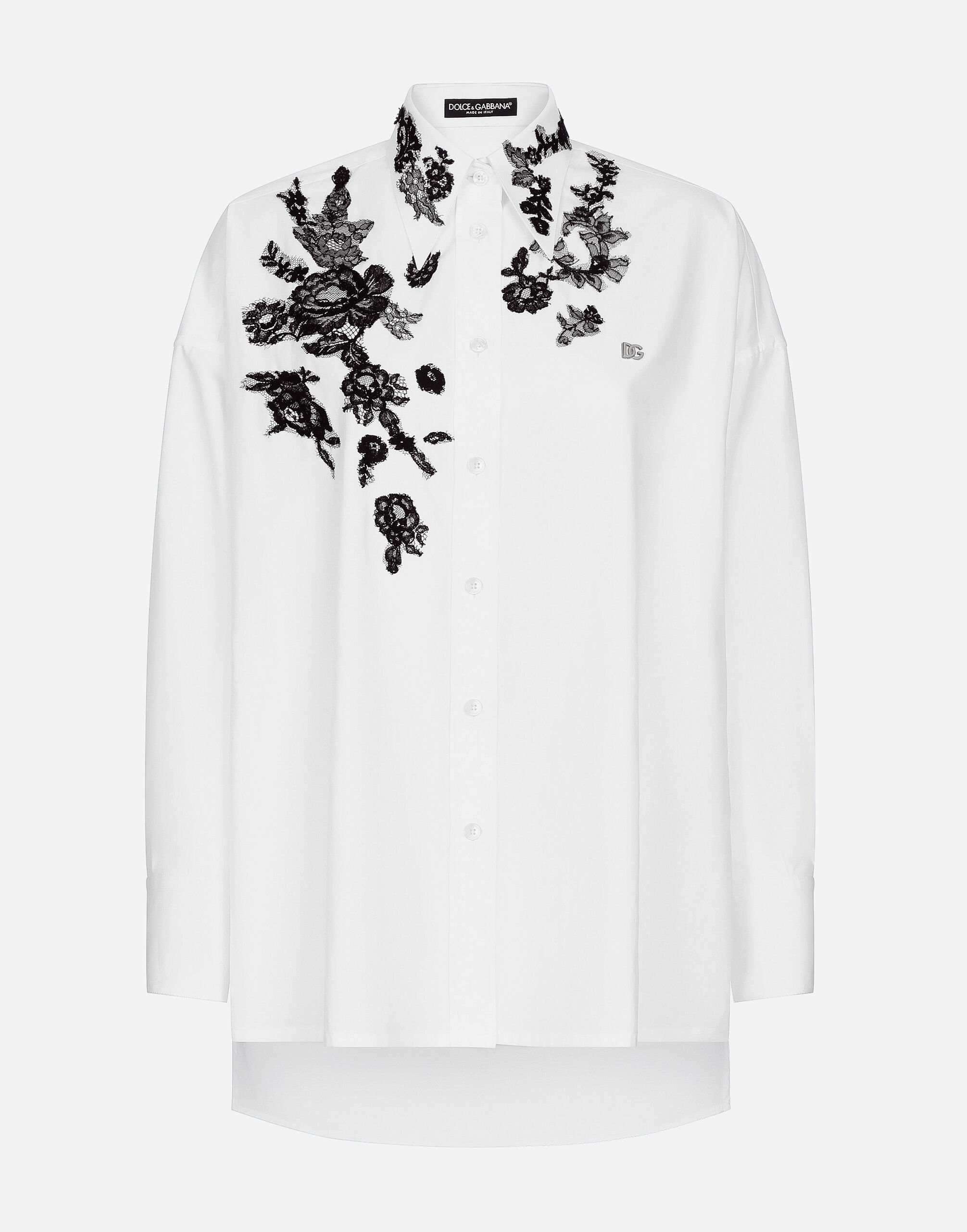 Dolce & Gabbana Oversize cotton shirt with lace appliqués Black F6ARTTFUGN7