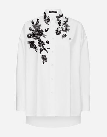 Dolce & Gabbana قميص قطني فضفاض بتزيين دانتيل أسود F26X8TFMMHN
