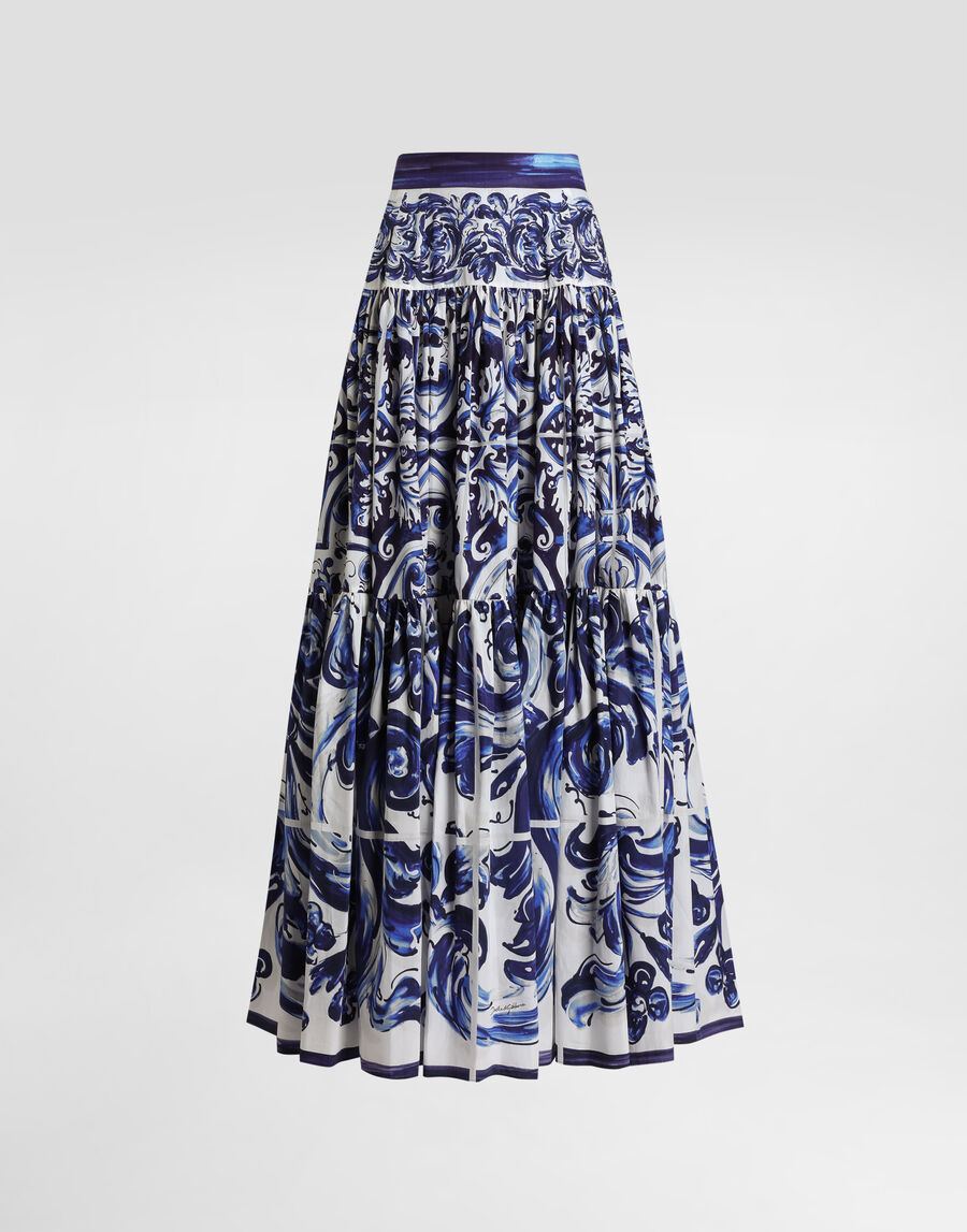 Majolica-print long poplin skirt