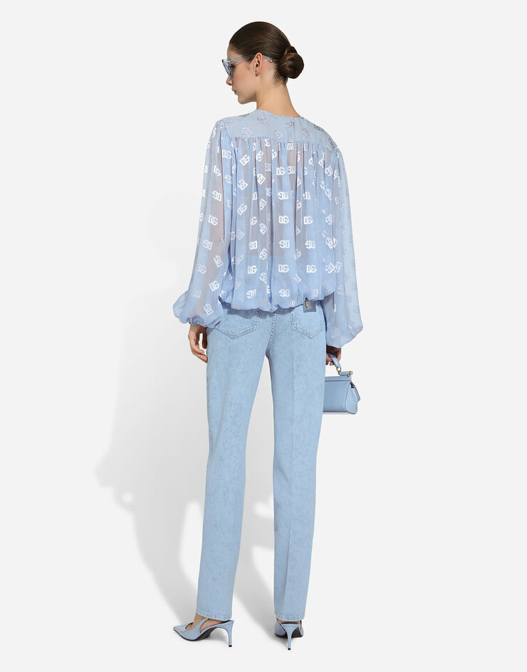 Dolce & Gabbana Dévoré satin jacquard blouse with all-over DG logo Light Blue F761RTFJTBR