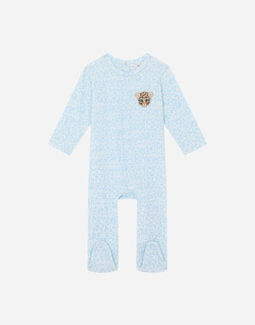 Dolce & Gabbana Long-sleeved jersey onesie with all-over logo print and patch Multicolor L11O89FU4LG