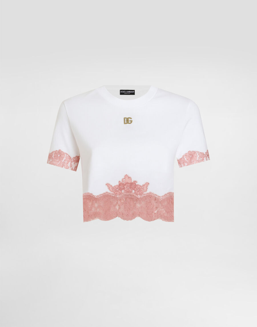Cropped jersey T-shirt with DG logo and lace inserts