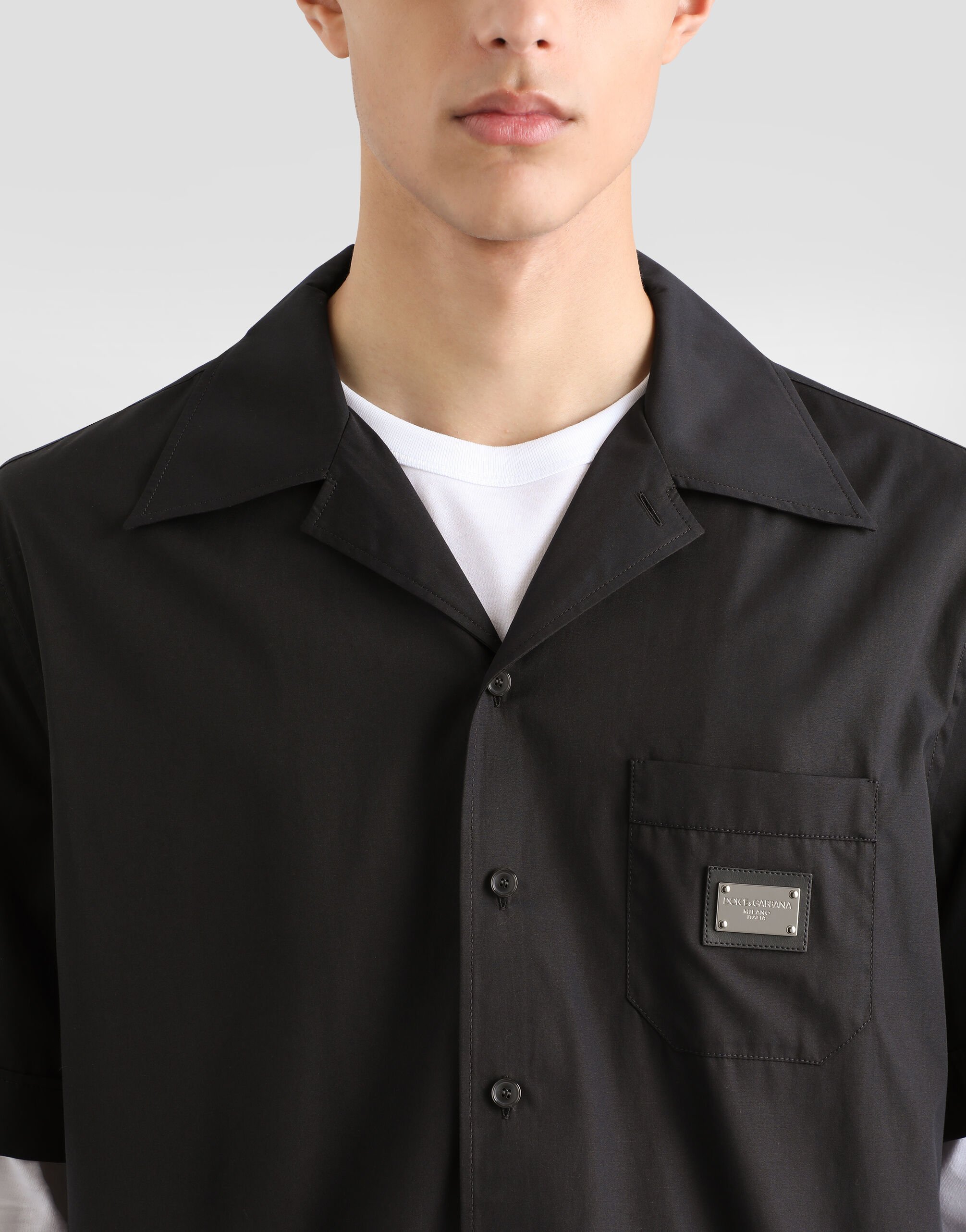 Cotton Hawaiian shirt with branded tag in Black for Men