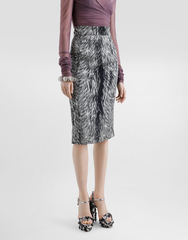 Dolce & Gabbana Charmeuse midi pencil skirt with fur print Grey F4C2LTFSA71