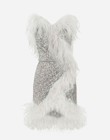 Dolce & Gabbana Short sequined wrap dress with feather trims Silver F6DKWTHLMZM
