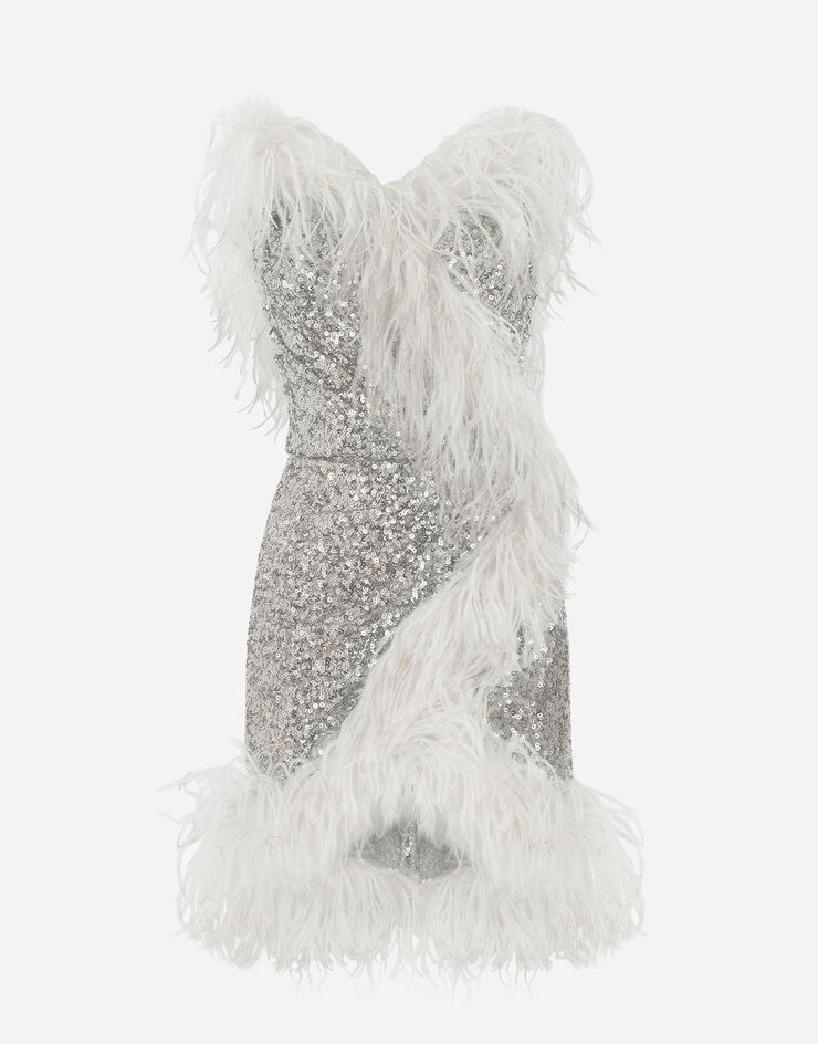 Dolce & Gabbana Short sequined wrap dress with feather trims Silver F6DKWTHLMZM