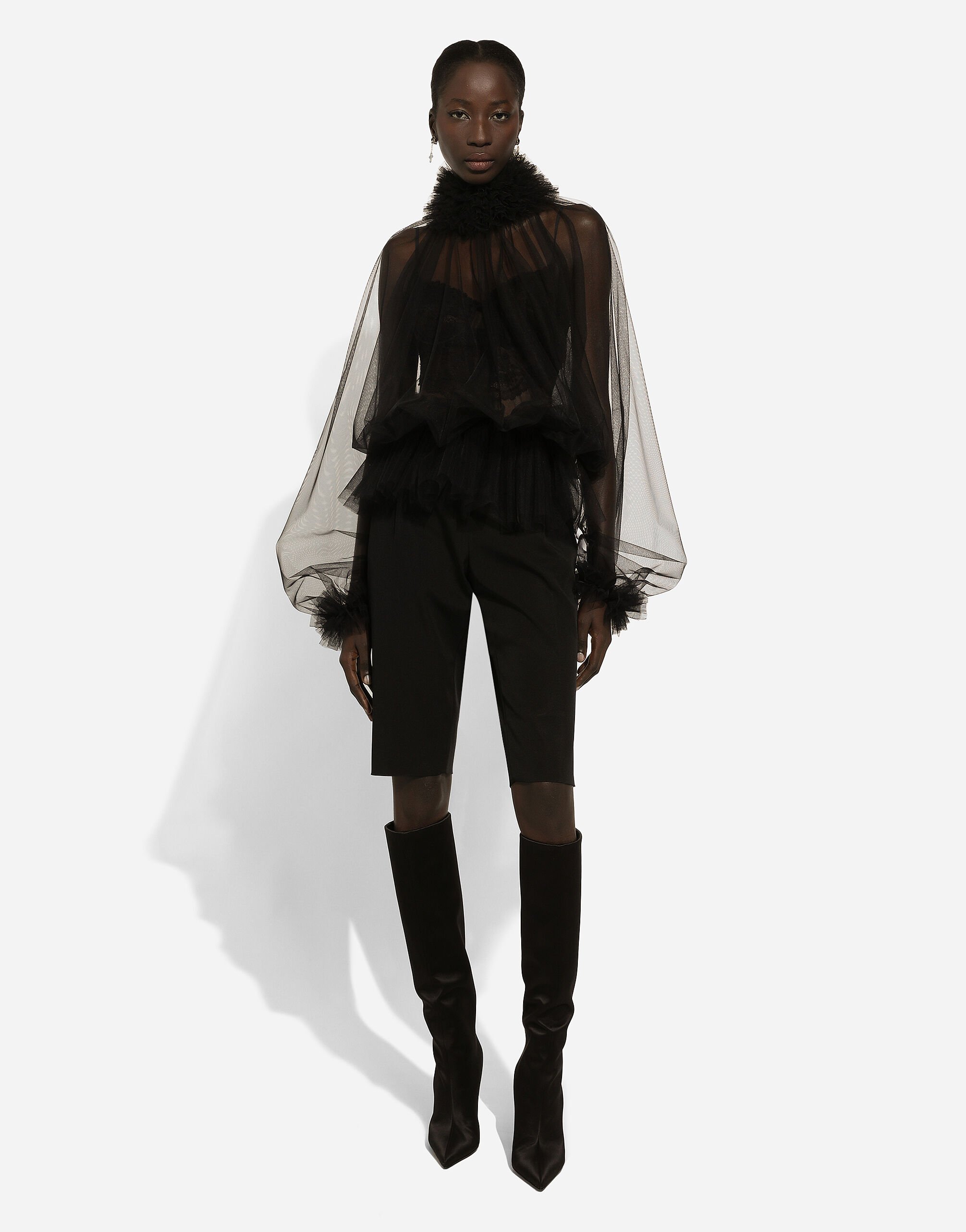 Tulle blouse with ruffles on the neck and cuffs in Black for Women
