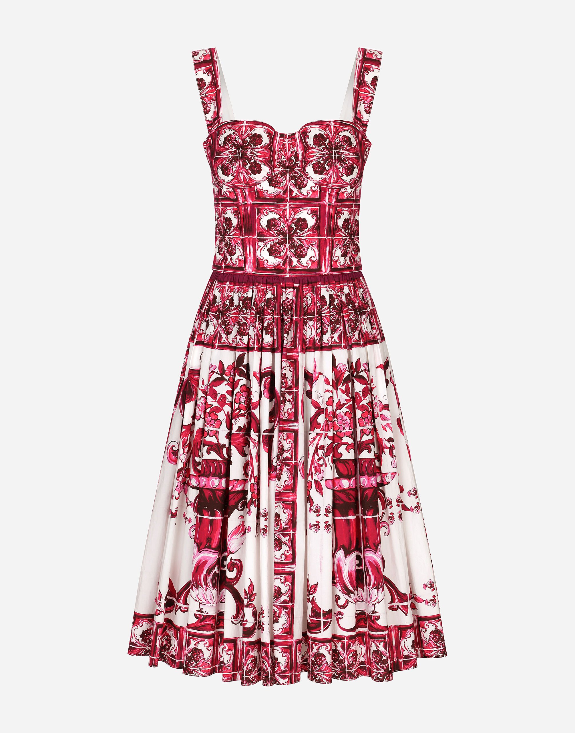 Dolce & Gabbana 마욜리카 프린트 포플린 뷔스티에 미디드레스 푸시아 핑크 BB6003A1001