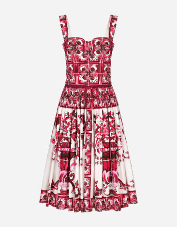 Dolce&Gabbana Vestido midi con corsé de popelina con estampado Maiolica Multicolor F6AOJTHI1ME