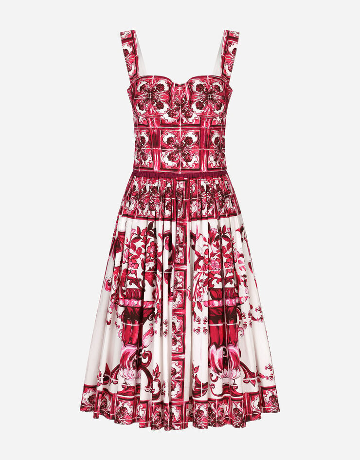 Dolce & Gabbana Vestido midi con corsé de popelina con estampado Maiolica Multicolor F6ADLTHH5A0