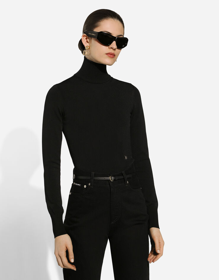 Dolce & Gabbana Viscose turtle-neck sweater with DG logo Black FXW16TJFMFK