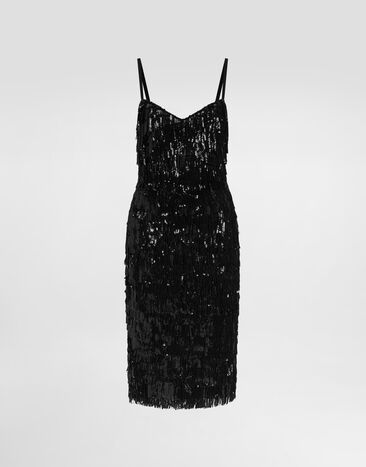 Dolce & Gabbana Calf-length slip dress with sequined fringing Print F6IAPTFSUBV