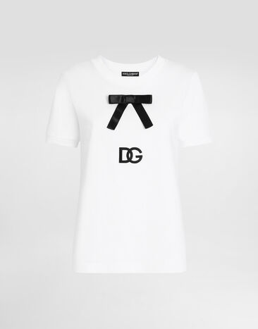Dolce & Gabbana Cotton jersey T-shirt with bow and DG logo White F8V47ZGDC4T