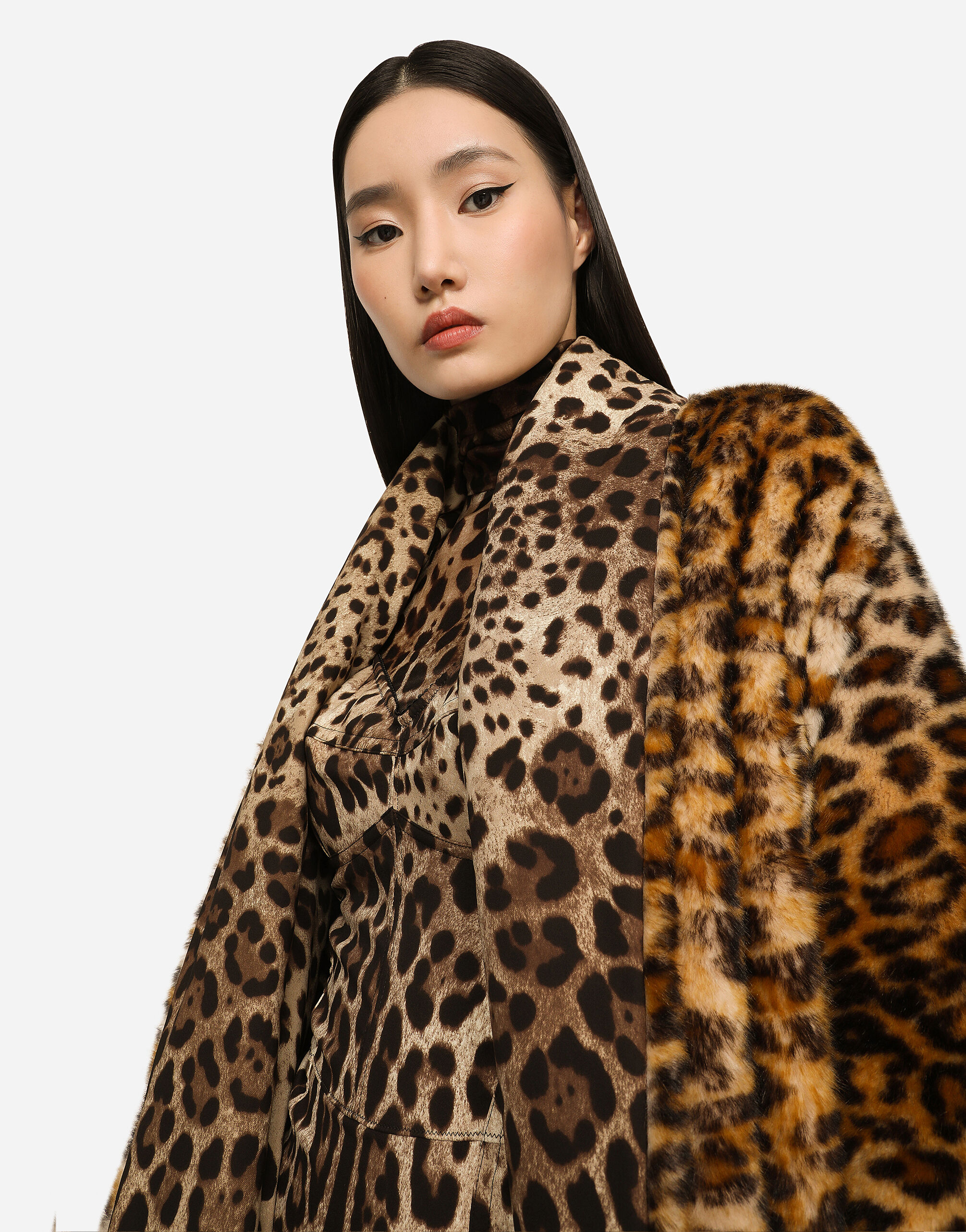 KIM DOLCE GABBANA Long faux fur coat with leopard print in Animal