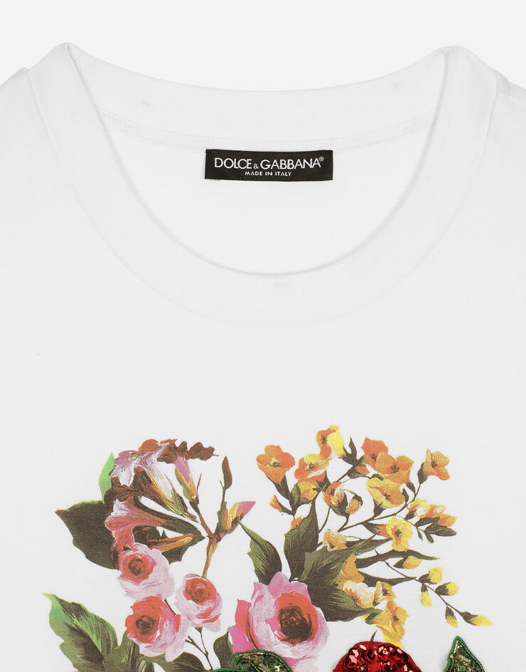 Dolce & Gabbana Jersey T-shirt with print and floral embroidery White F8U74ZGDCBJ