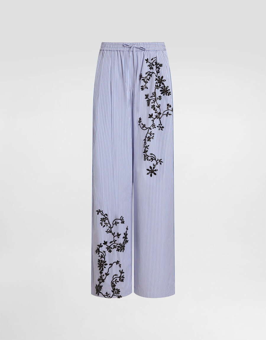 Striped poplin trousers with flowers embroidery