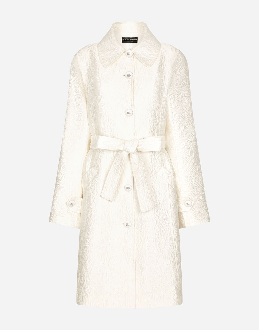 Belted floral jacquard coat