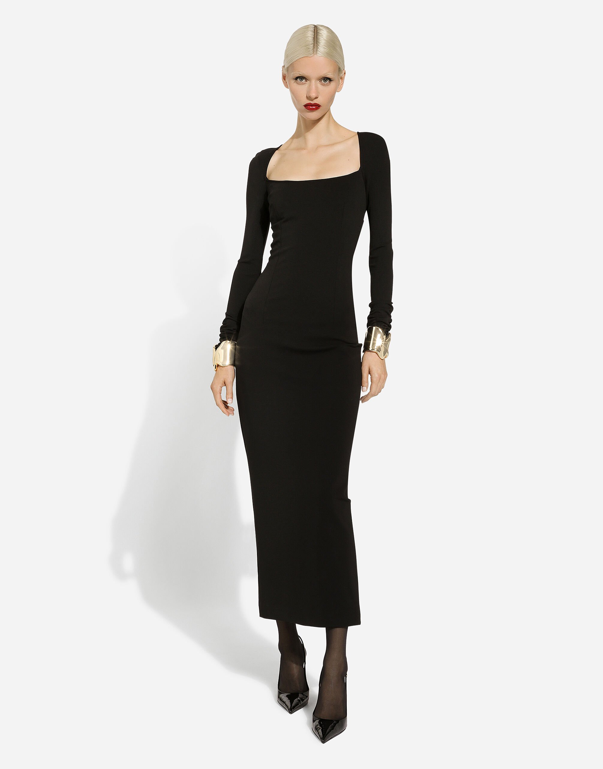 気品【Dolce & Gabbana】ロングスリーブジャージー シースドレス ブラックのウィメンズ シースドレス ロングスリーブ ミラノリブ