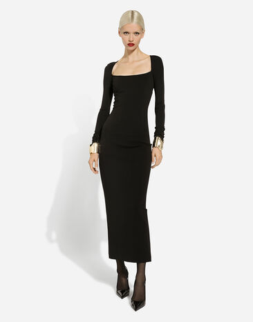 Dolce & Gabbana فستان طويل ضيق من جيرسي ميلانو بأكمام طويلة: أسود F6DLUTFUGN7