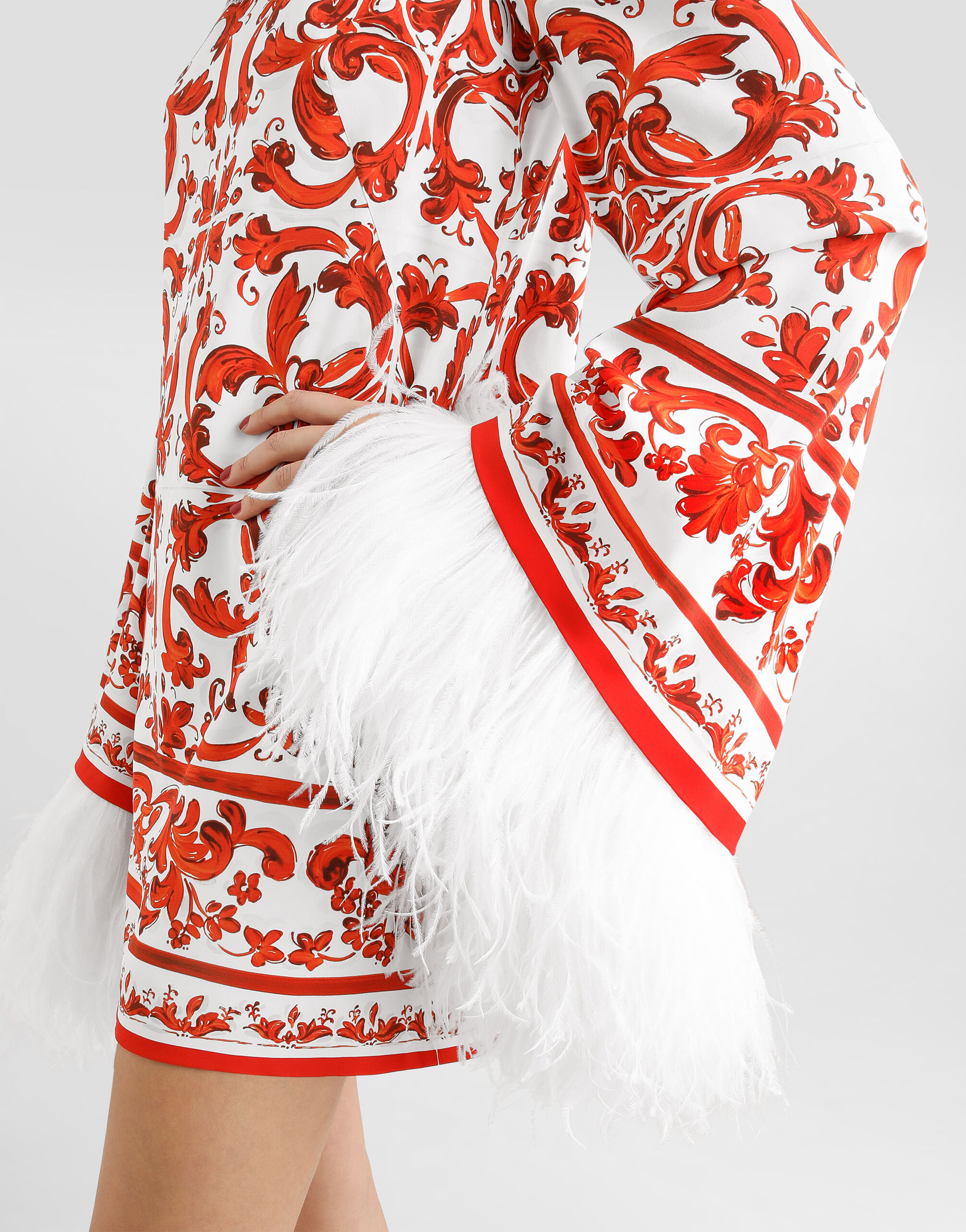 Majolica-print charmeuse dress with feather trim in Multicolor for