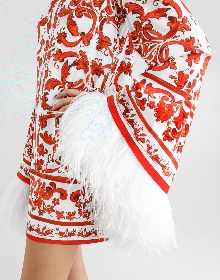 Dolce & Gabbana Majolica-print charmeuse dress with feather trim Multicolor F6ZW4ZGDDRJ