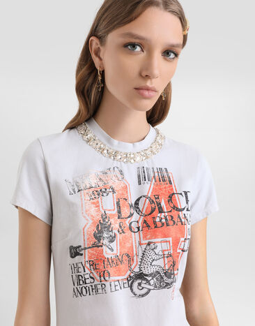 Dolce & Gabbana Jersey t-shirt with print and crystals Grey F8V81ZGDDPA