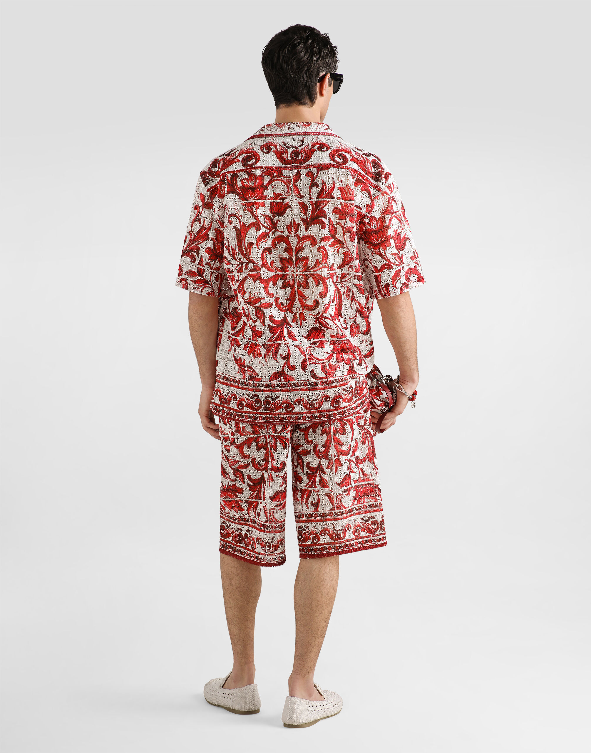 Majolica-print broderie anglaise lace vanity bermuda shorts in