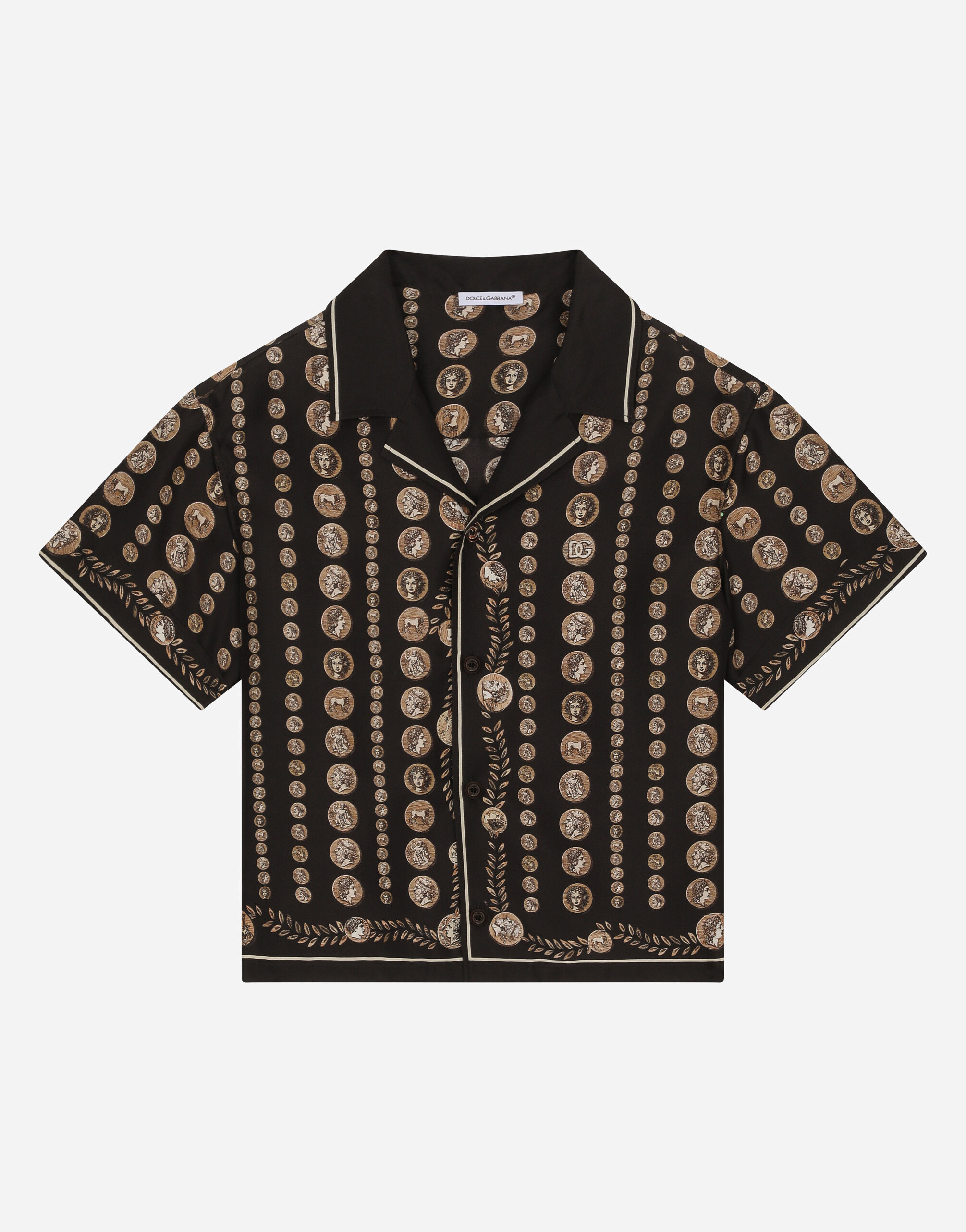 Dolce & Gabbana Short-sleeved silk shirt with coin print Brown L4JWFQG7L1Z