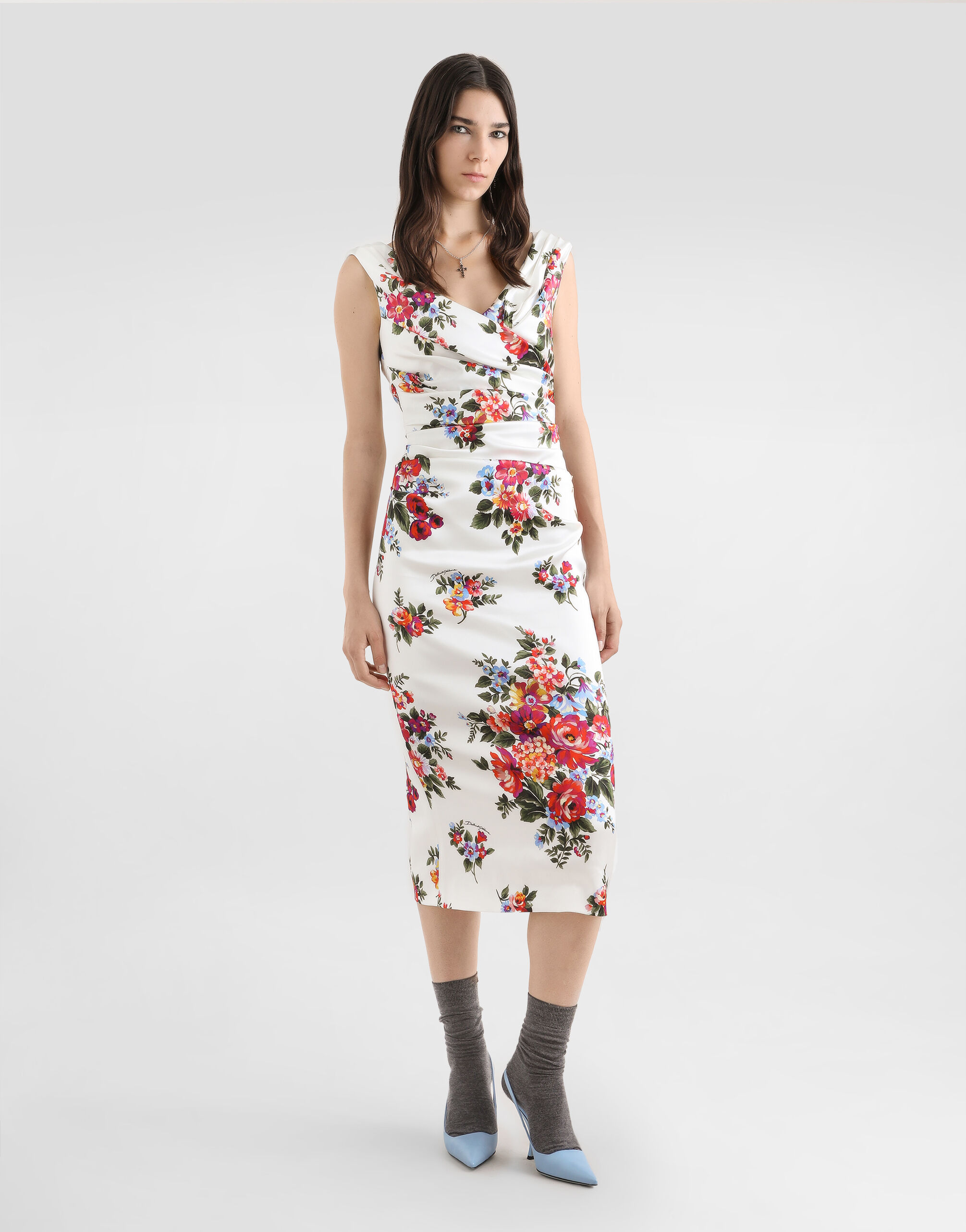 Flower bouquet-print satin dress in Multicolor for Women