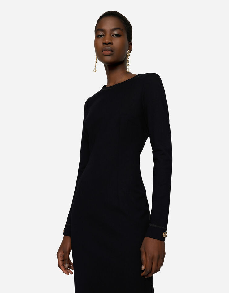 Dolce & Gabbana Long-sleeved jersey calf-length dress with DG embellishment Black F6R6MTFUGKG