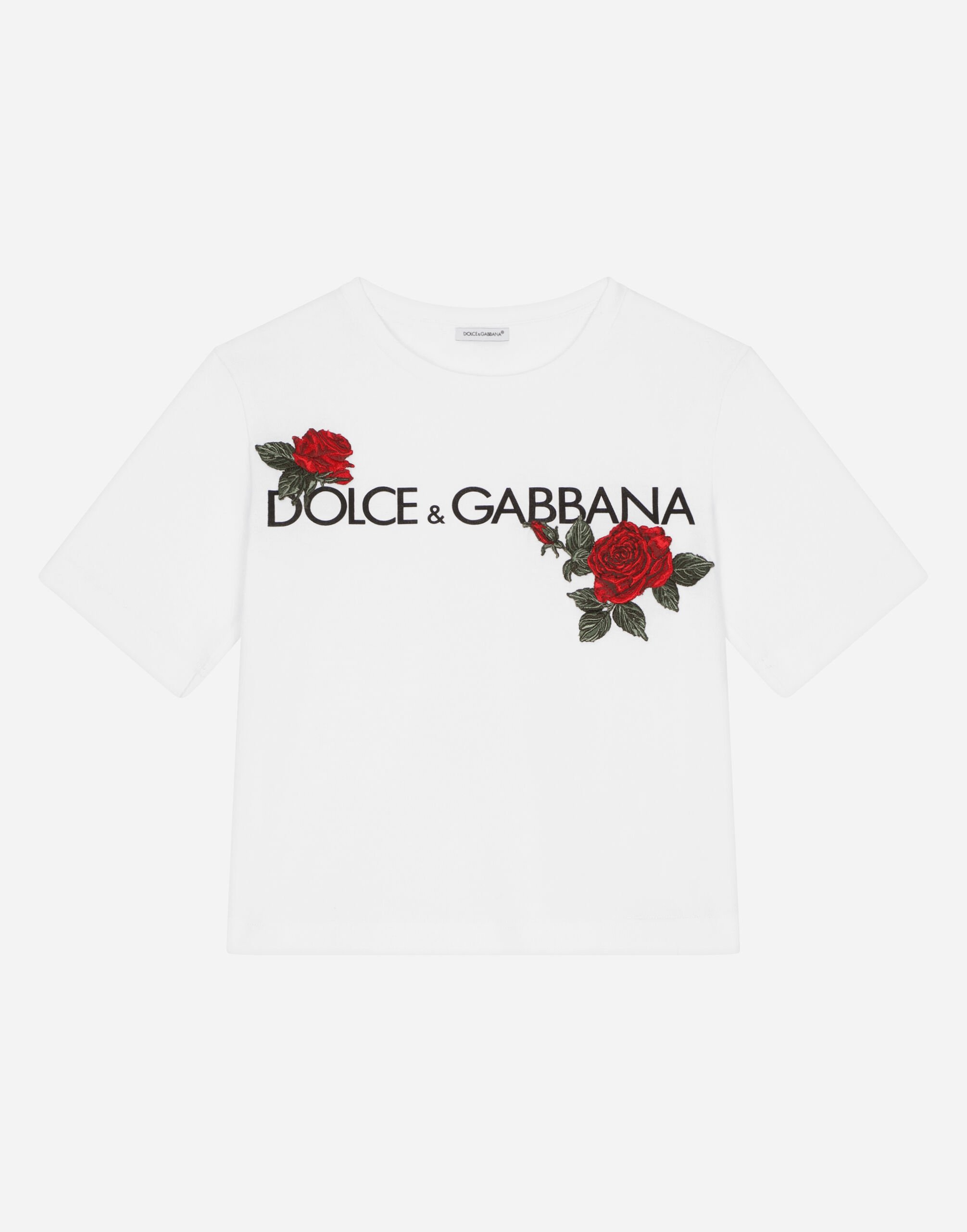 Dolce&Gabbana T-Shirt aus Jersey mit Logoprint und Rosen-Patch Weiss L5JTKZG7JR4