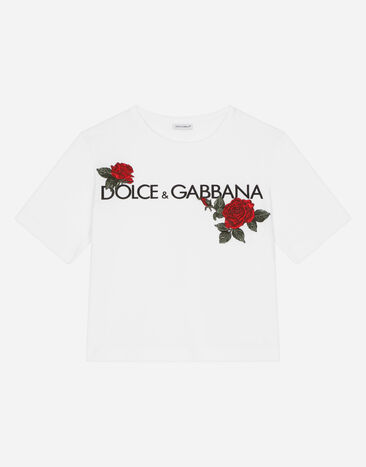 Dolce&Gabbana تيشيرت جيرسي مع طبعة شعار ورقعة ورد أبيض L5JTKZG7JR4
